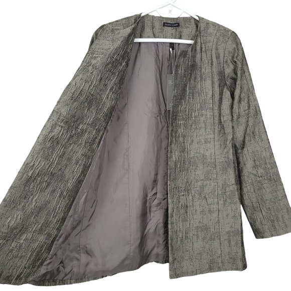 NWT EILEEN FISHER Jacket XS Gray Crinkle Jacquard Cotton Silk Open Front Pockets - Picture 10 of 13
